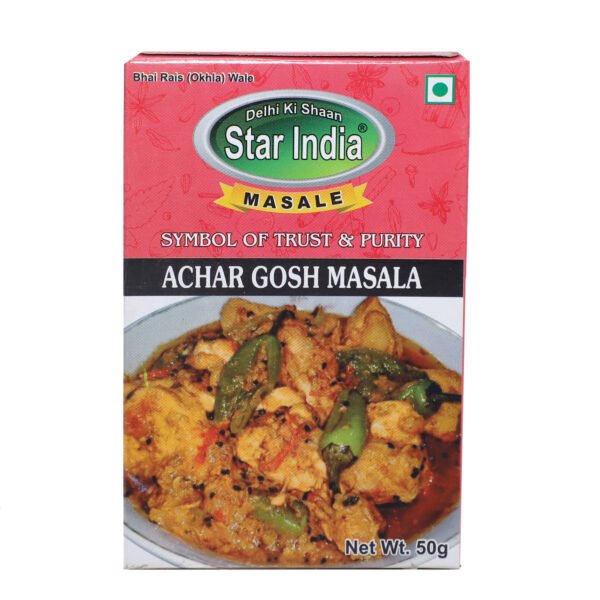 Achar Gosht Masala - Tangy and spicy spice blend for traditional Achar-style meat dishes. Meat Curry Masala - Flavorful blend designed for enhancing meat curries. Spicy Masala Powder - A rich mix of spices that adds heat and depth to dishes. Tangy Spice Mix - A unique blend that provides a refreshing tang to meat recipes. Indian Spice Blend - Authentic combination of spices typical in Indian cuisine. Traditional Masala - Classic spice mix used in many traditional Indian recipes. Curry Powder - Versatile spice powder perfect for various curry dishes. Authentic Meat Masala - Spice mix specifically crafted for genuine meat flavor. Pickle-Style Curry - Curry mix that captures the essence of pickle-flavored meat dishes. Flavorful Spice Blend - A rich mixture that enhances the taste of various cuisines.